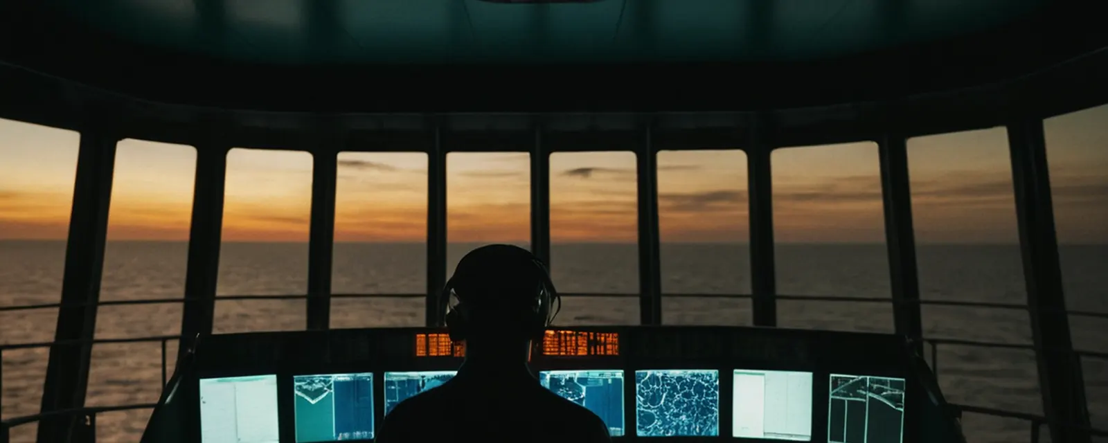 Illustration: an officer of the watch, seen from behind in silhouette, at a ship's bridge console at dusk, with the open sea beyond the bridge windows.