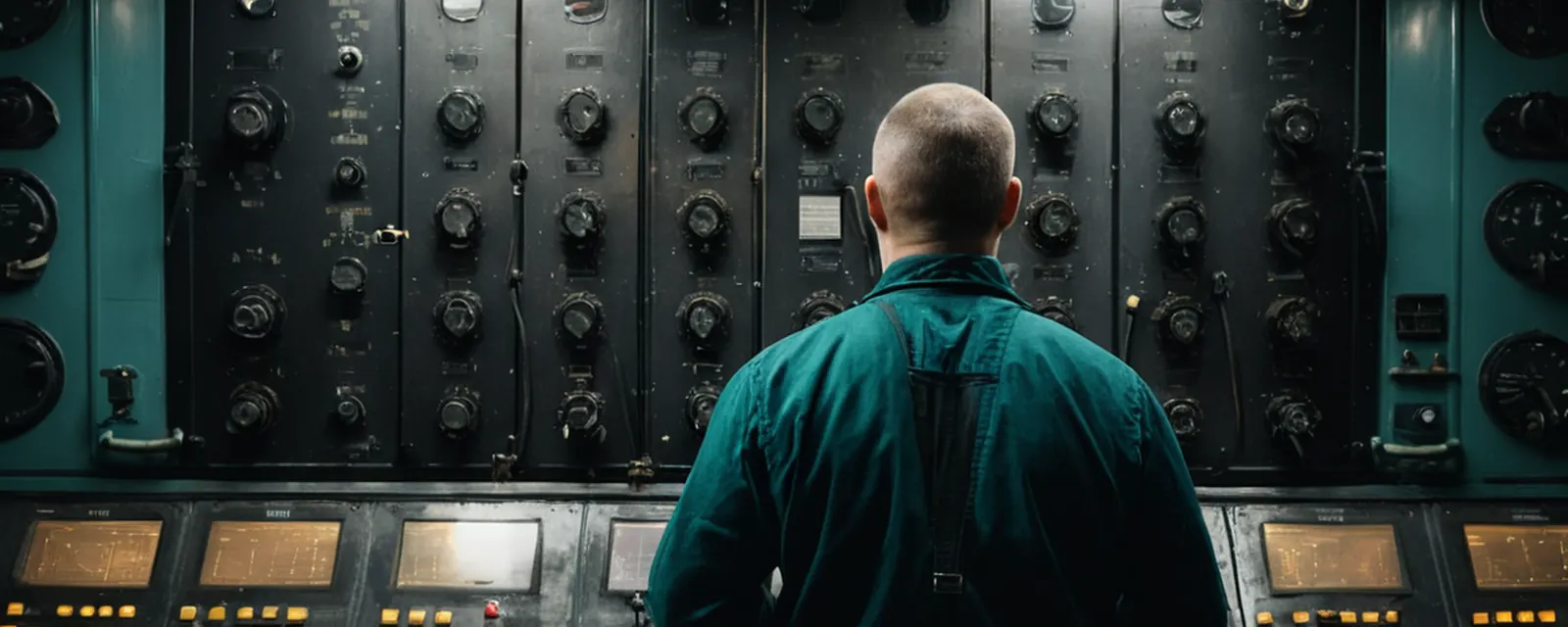 Illustration: an engineer, seen from behind, facing a wall of switchboard gauges and controls in a ship's engine control room.