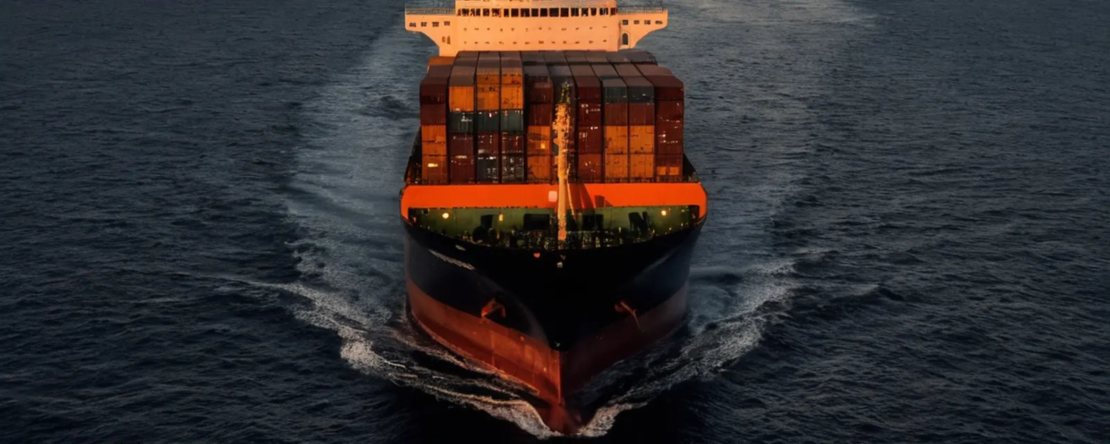 Illustration: a large container ship under way at dusk on a calm sea, seen from above and ahead of the bow.