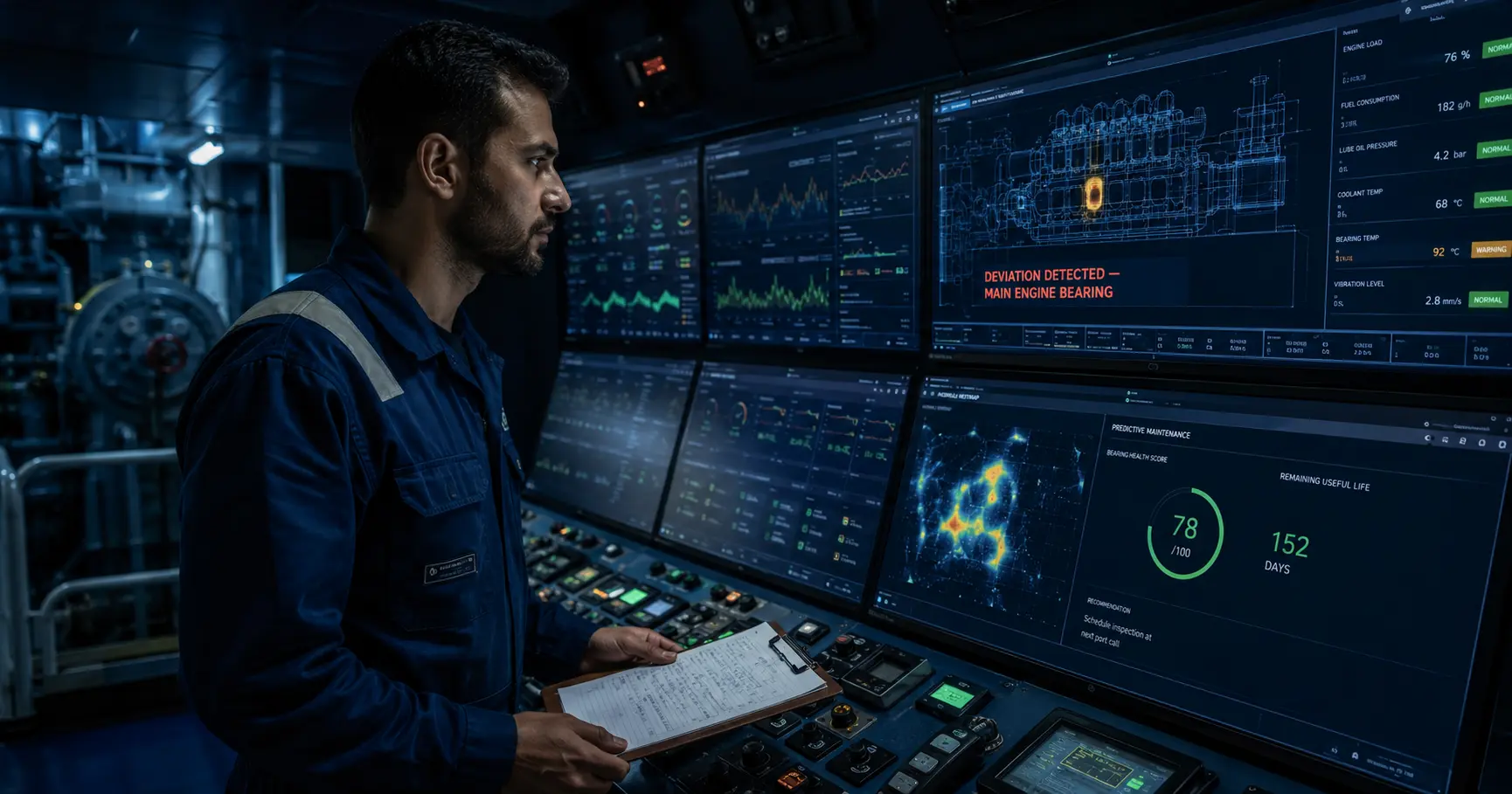 Marine engineer at engine control room monitoring AI-driven predictive maintenance dashboard showing main engine bearing deviation warning