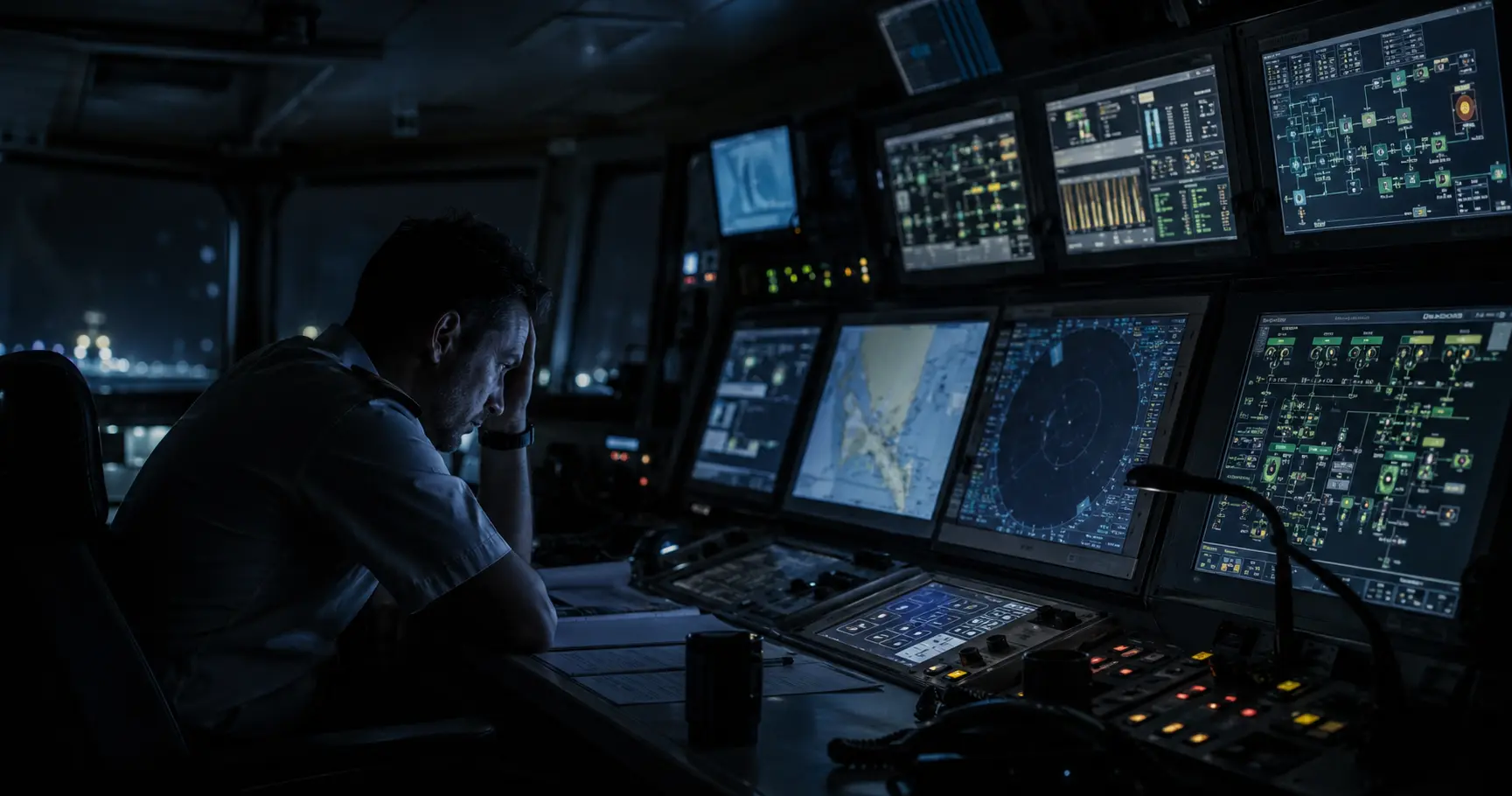 Ship's officer at bridge navigation console surrounded by multiple digital displays late at night, showing signs of cognitive overload from alarm-heavy maritime systems