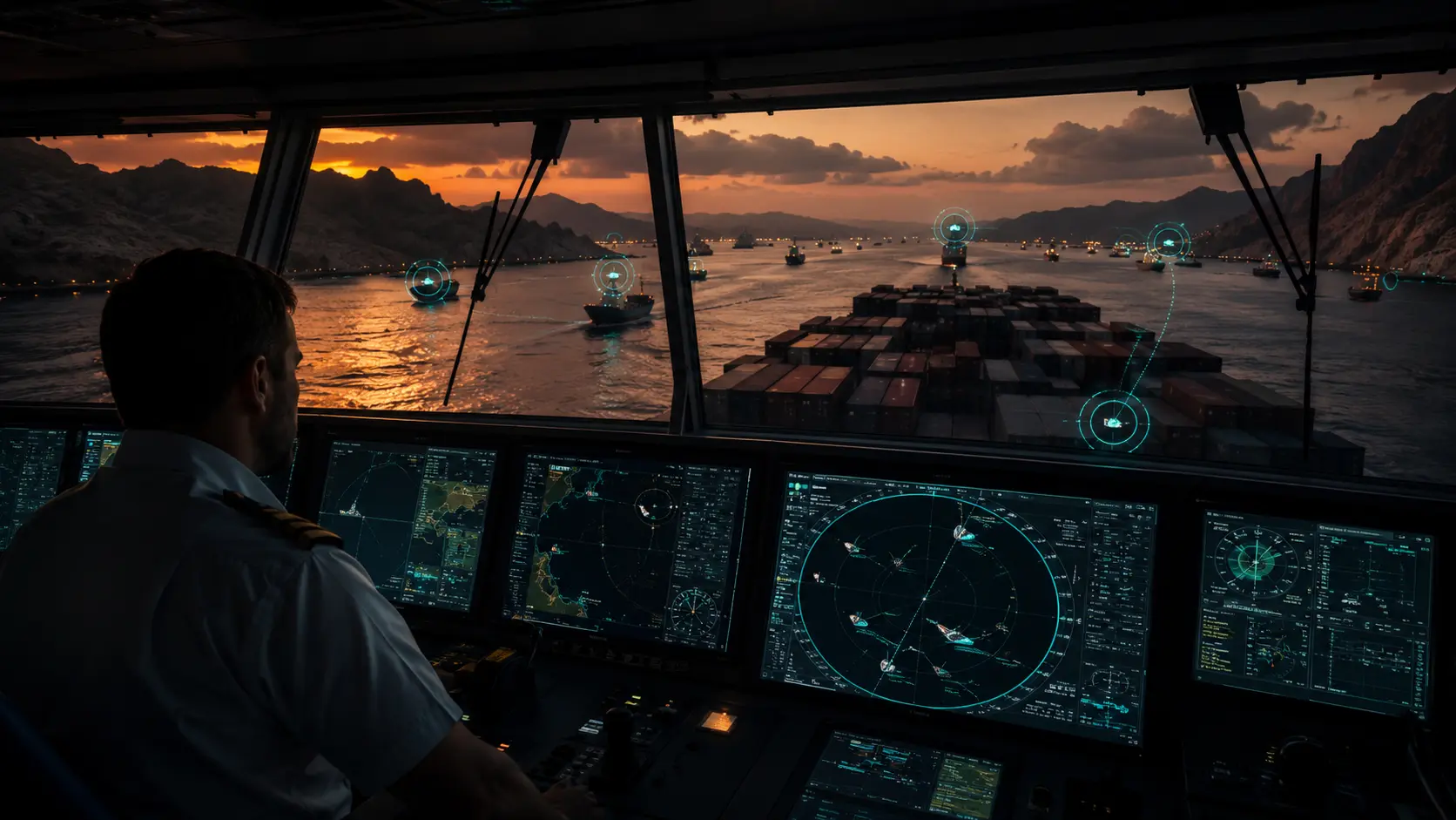 Container ship bridge at dusk, Hormuz-style strait passage