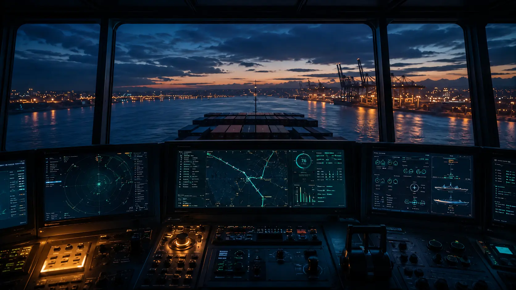 Container ship bridge navigation console at dusk — Marine Intelligence Weekly Issue 28