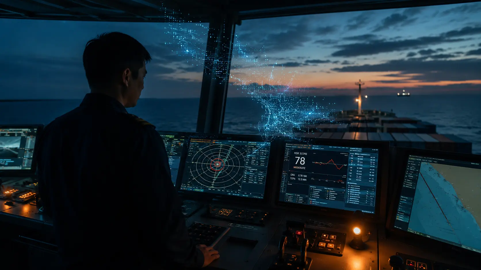 Container ship bridge at dusk, navigation officer silhouetted against radar and ECDIS screens with AI overlay, Marine Intelligence Weekly Issue 29