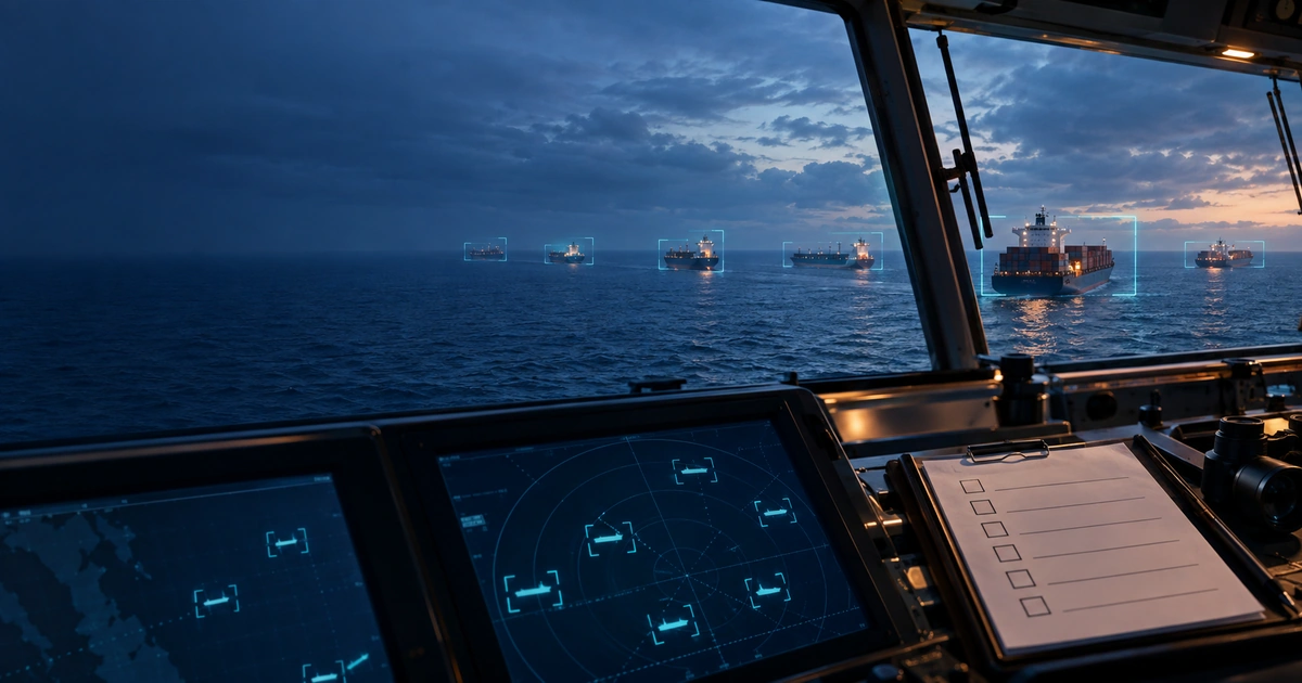 MIW Issue 31 cover — from a merchant ship's bridge at dusk, AI detection outlines track several commercial vessels across the water while an empty checklist rests on the console.